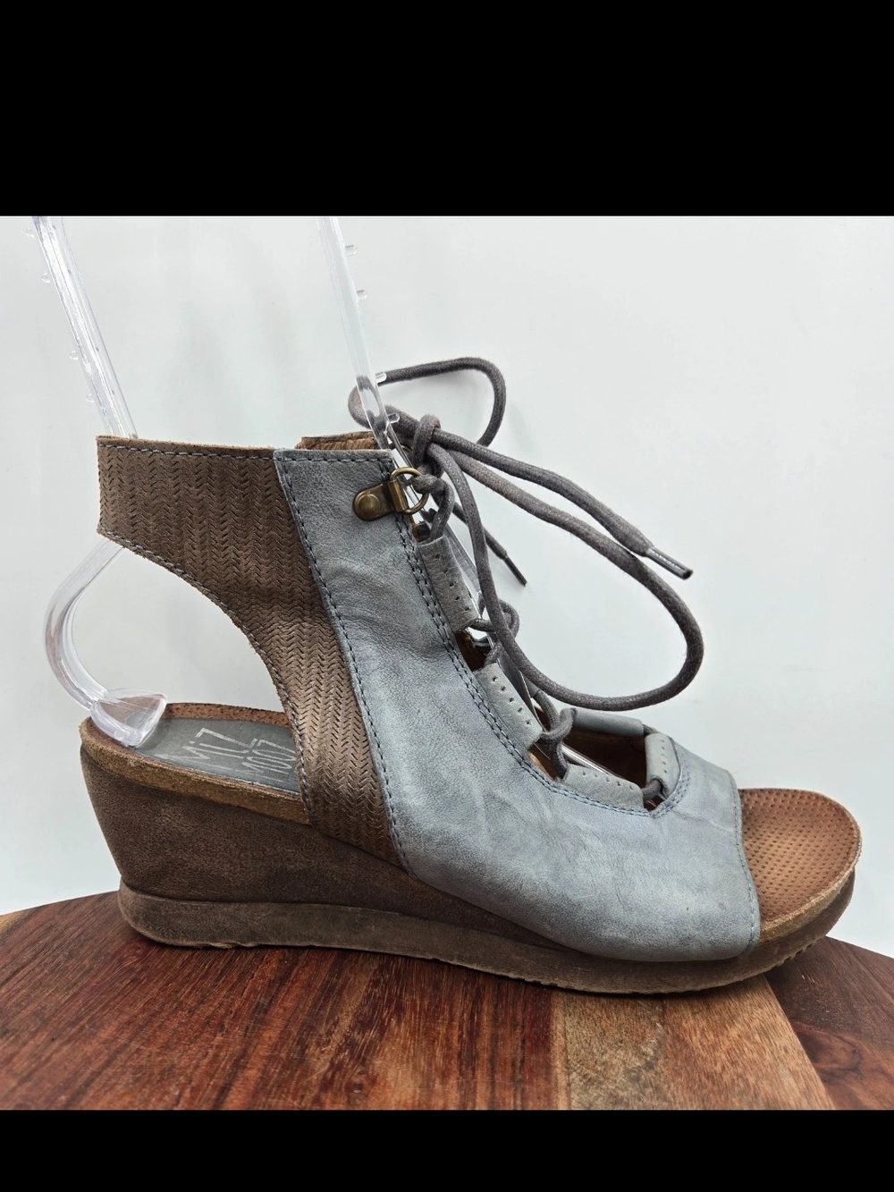 Miz Mooz Gray/Blue and Brown Lace-Up Wedge Sandals